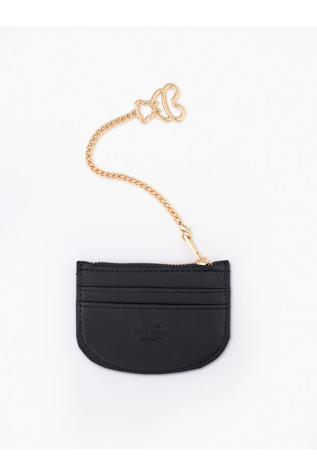 Black Shk144 Faux Leather, Zippered, Four Compartments, Charm Card Holder