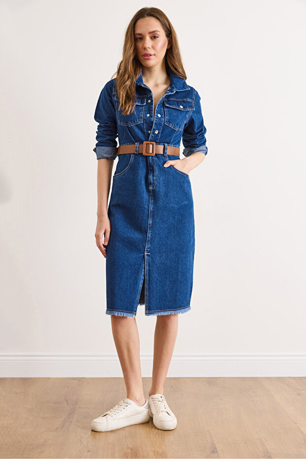 Women's Dark Blue Belted Pocketed Front Slit Midi Denim Dress Elb-19002611