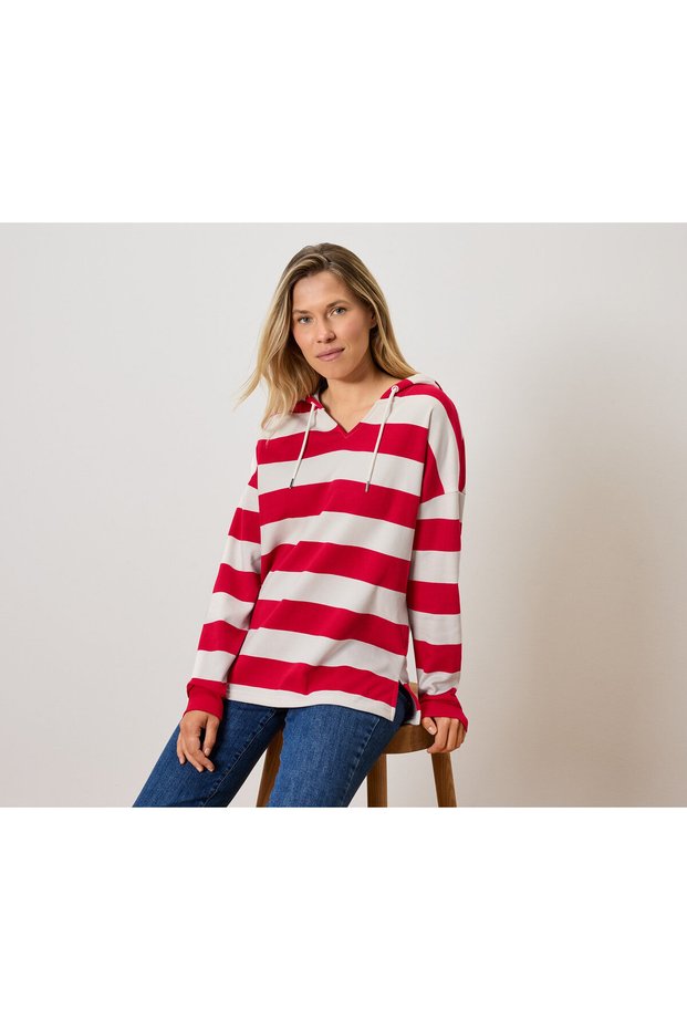 Women's Hooded Sweatshirt, Red Striped