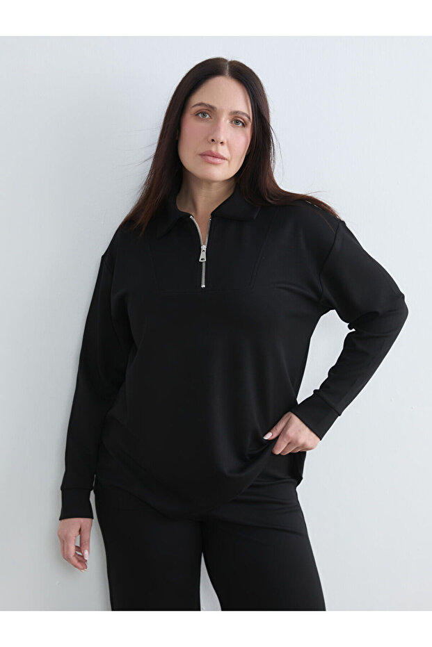 New Season from Güli̇s Gi̇yi̇m Black Polo Collar Women's Zippered Sweatshirt