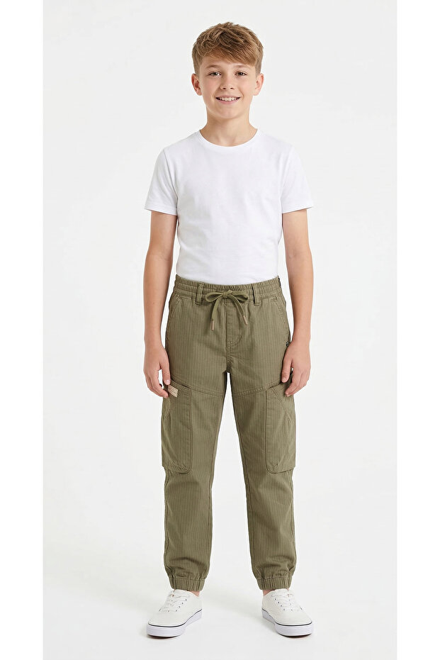 Boys Olive Cargo Joggers Pin stripes with drawstring