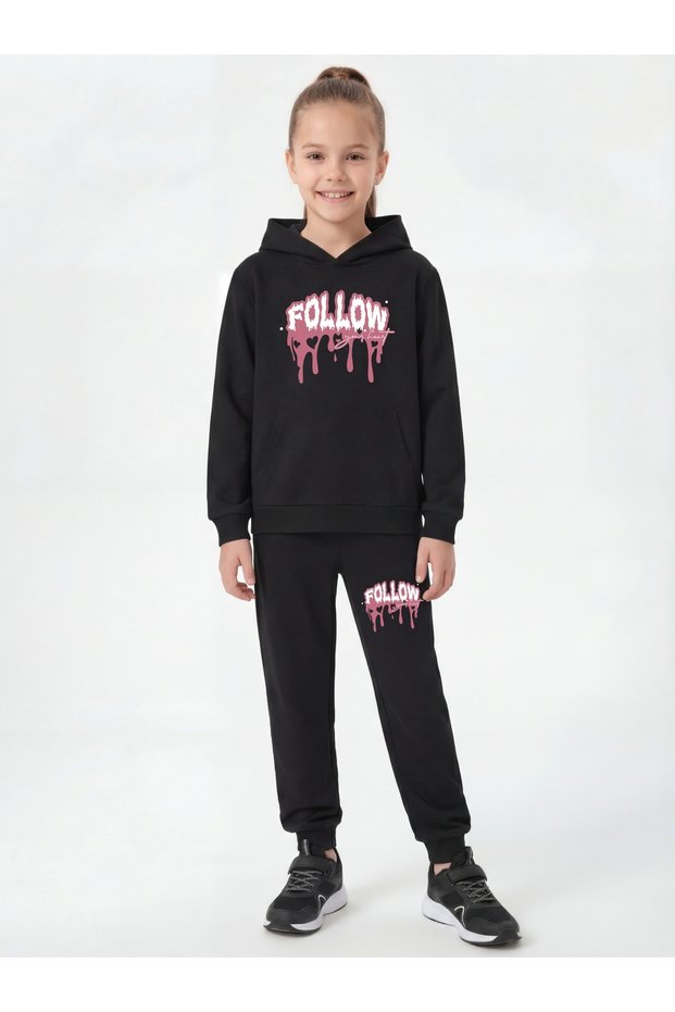 Kangaroo Pocket Hooded Follow Print Detailed Girls' Tracksuit Set