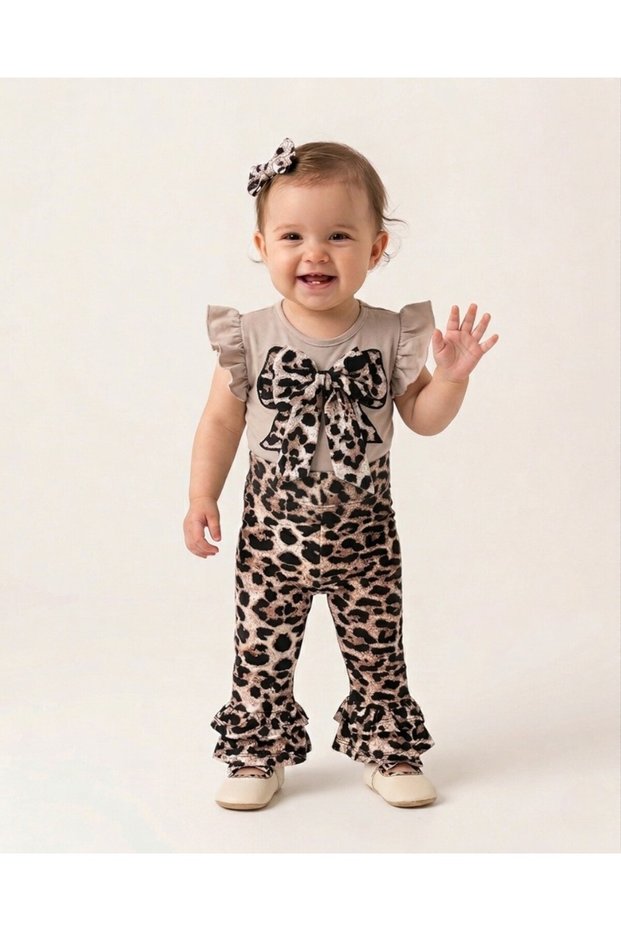 Baby Girl Summer Clothes Leopard Bow Detailed Ruffle Tights 6-9-12-18-24 Months 2-Piece Stylish Bottom and Top Set