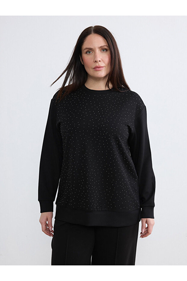Özmarka New Season Plus Size Crew Neck Stone Embellished Women's Sweatshirt