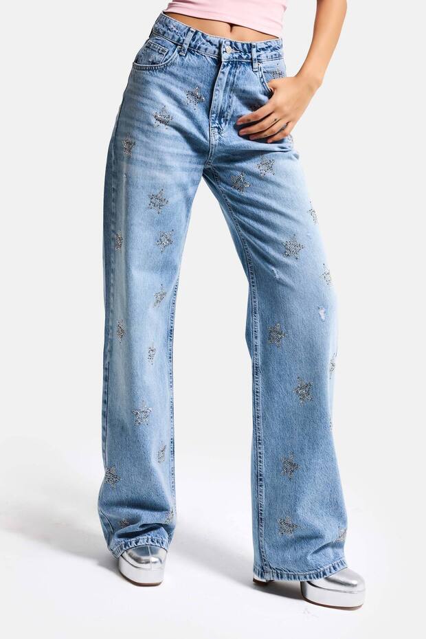 Women's Blue T1-12S6-99 Straight Fit Shiny Star Stone Special Design Denim Jeans
