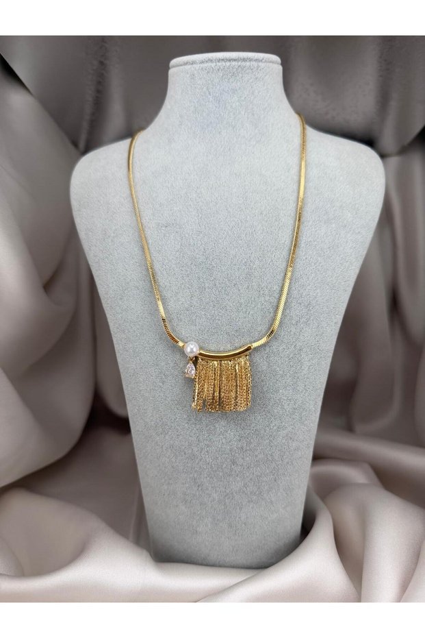 Tassel Tipped Gold Necklace – Elegant and Stylish Women's Necklace with Pearl & Stone Detail