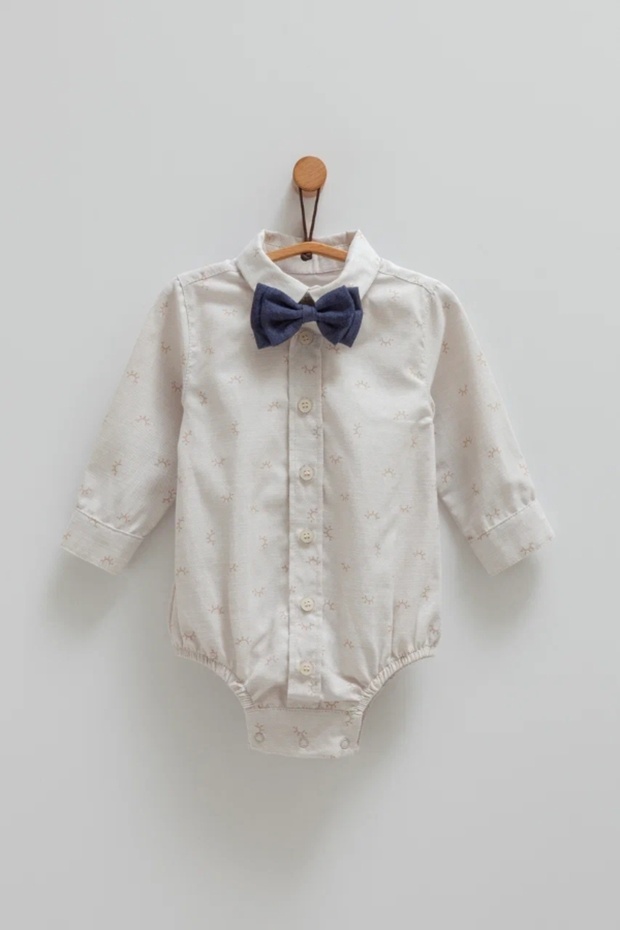 Baby Shirt with Bottom Fasteners and Bow Tie (Removable Bow Tie) Beige Color