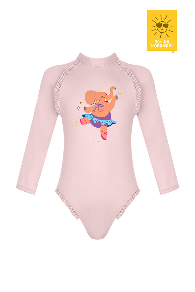 Uv Protection Upf 50+ Long Sleeve Ruffle Ballerina Elephant Print Swimsuit - Recycled Fabric