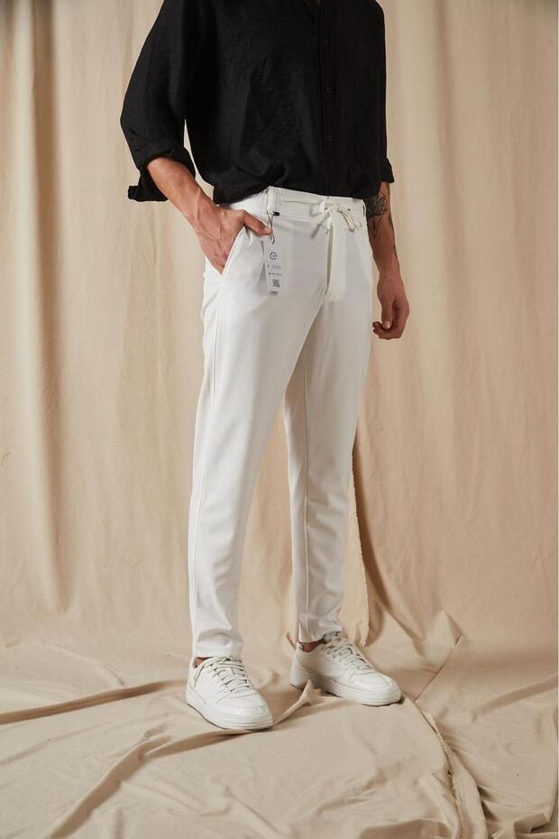 Men's White Relaxed Fit Elastic Waist Lace-Up Side Pocket Jogger Fabric Trousers