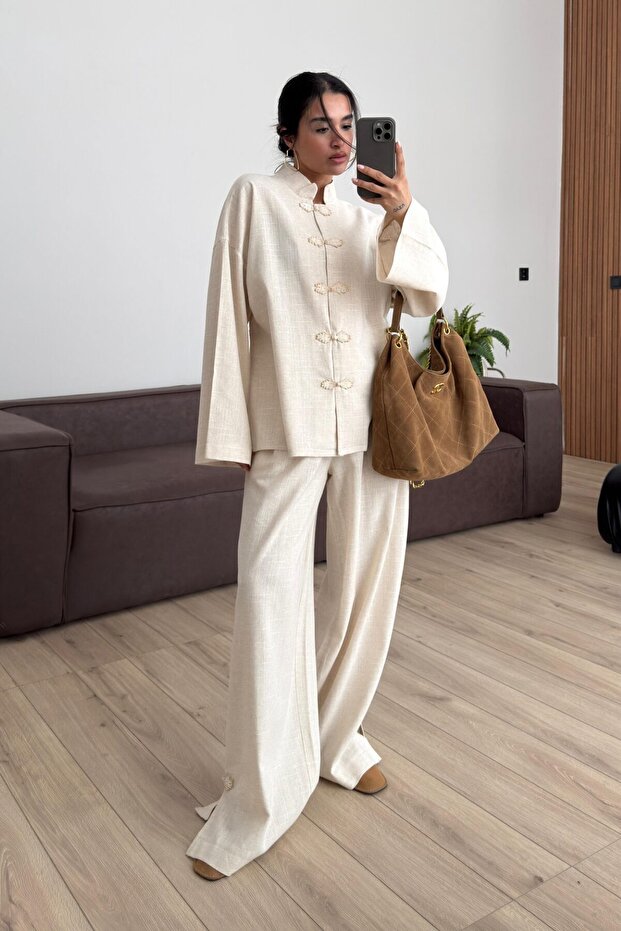 Natural Embroidered Buttoned Kimono Set - 60624