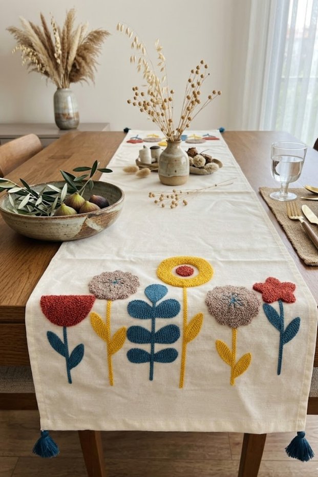 Special Design Buldan Handmade Cotton Floral Embroidered Tassel Runner Tablecloth 40X130 cm with Tassels