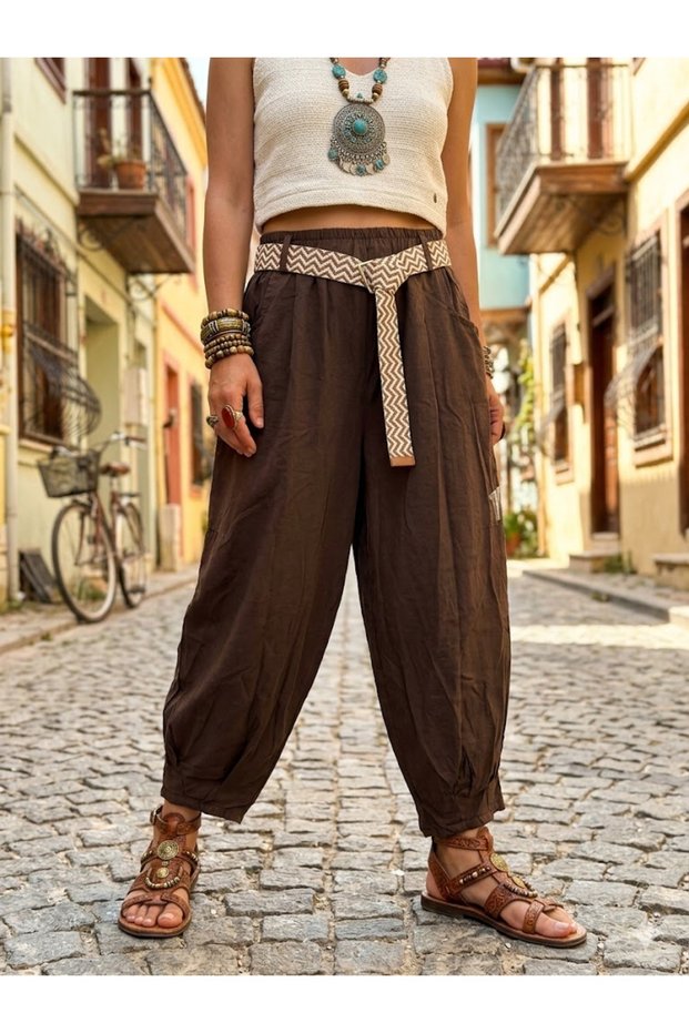 Women's Italian Brown Elastic Waist Belted Pocketed 100% Tencel Fabric Pencil Leg Trousers