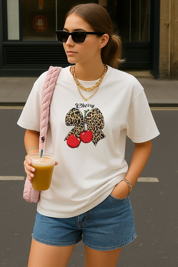 Leopard Ribbon Printed Women's Crew Neck White T-Shirt T-Shirt