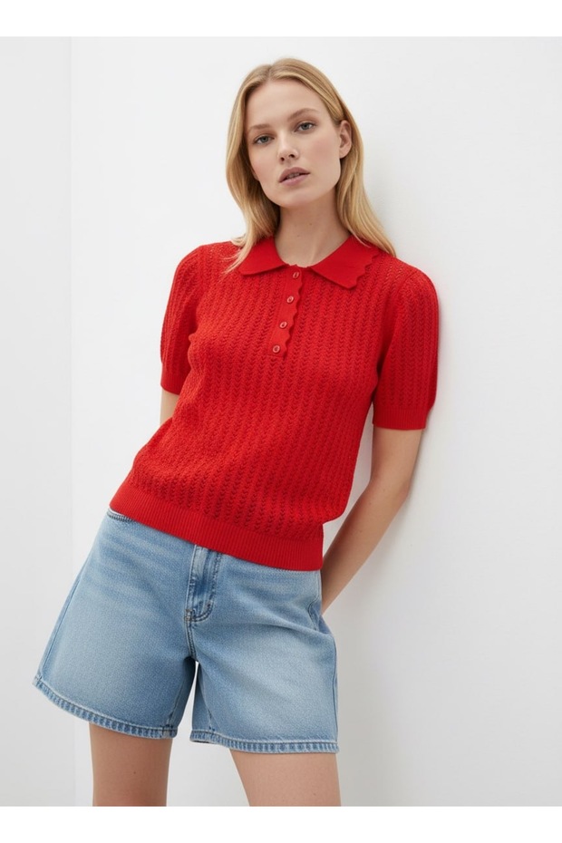 Women's Polo Neck Openwork Thin Knitwear Blouse