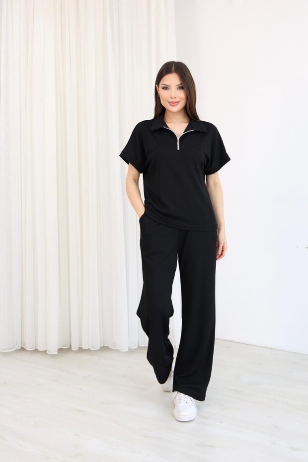 Women's Black Polo Collar Zippered Double Set