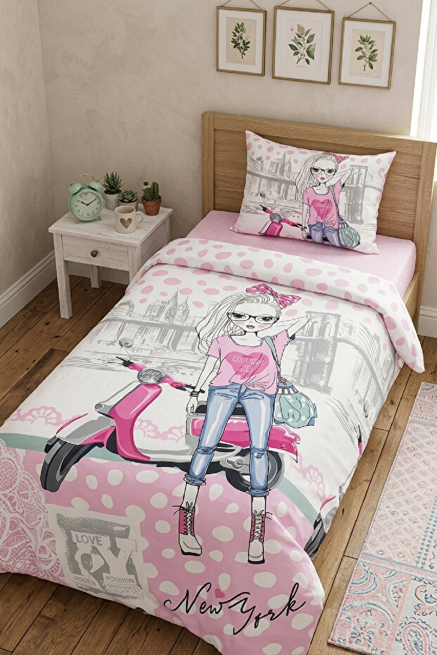 Children's Duvet Cover Set with Single Elastic Sheet, Natural Healthy Cotton, Ranforce Hira Patterned