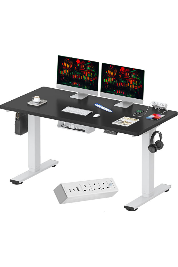 FLEXISPOT EN2 Electric Sit Stand Desk with Cable Management - White Frame and Black Top