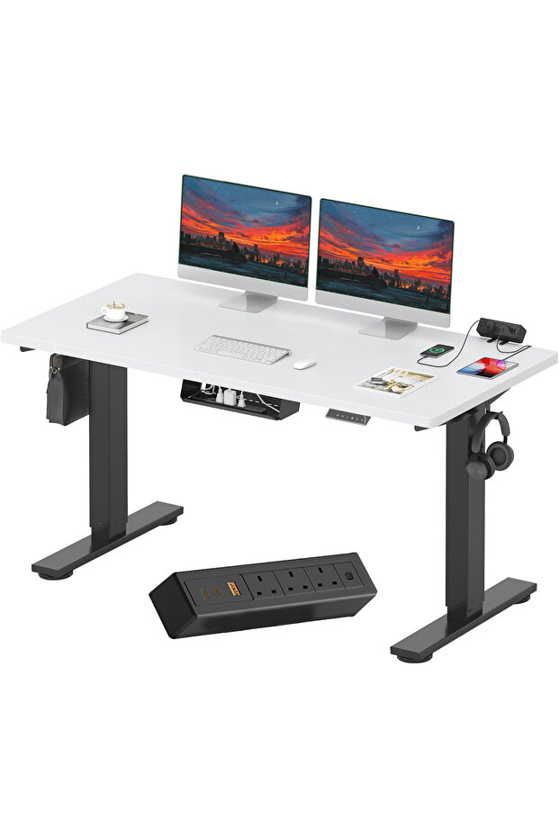 FLEXISPOT EN2 140x70 cm Electric Sit Stand Desk with Cable Management - Black Frame and White Top