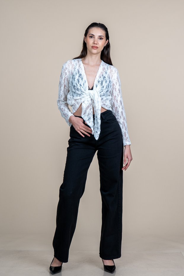Women's Summer Ecru Tulle Lace Blouse with Ties, Stylish and Casual 70068