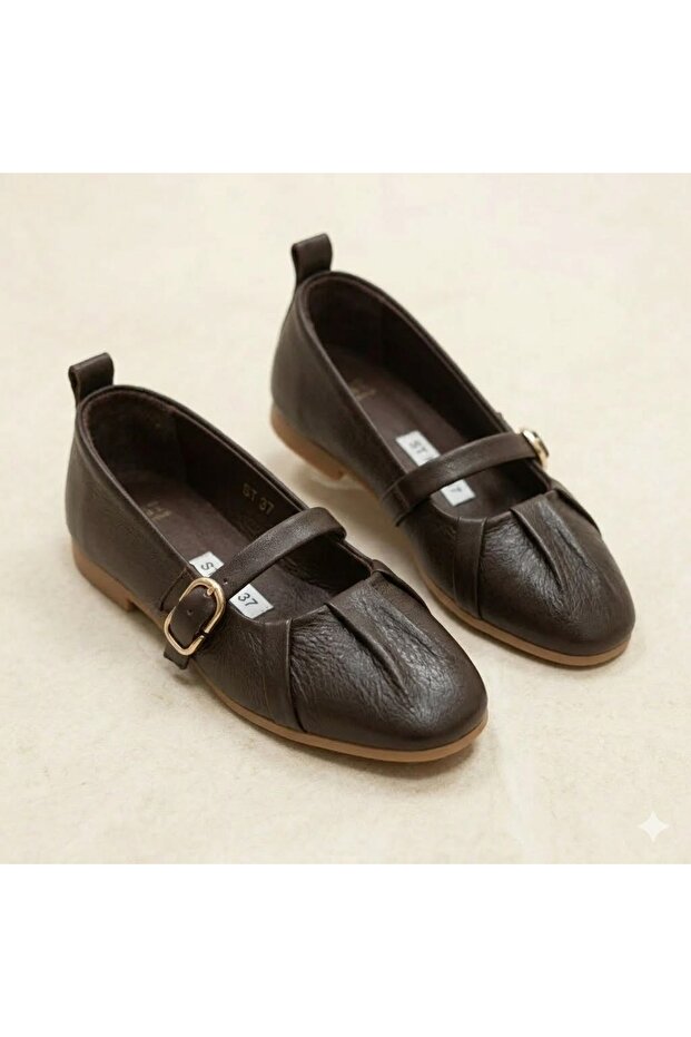 (İzlife) Inside and Outside Genuine Leather Daily Women's Flat Shoes Brown