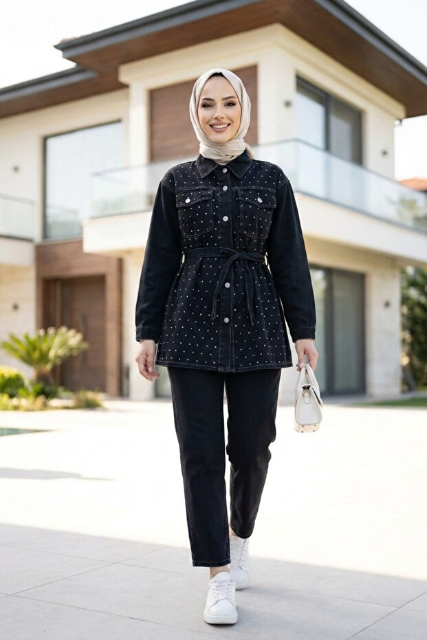 Women's Stone Embellished Denim Black Tunic Trousers Double Set