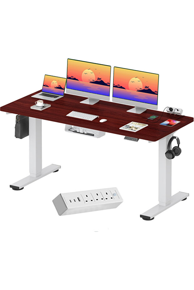 FLEXISPOT EN2 150x60 cm Electric Sit Stand Desk with Cable Management - White Frame and Mahogany Top