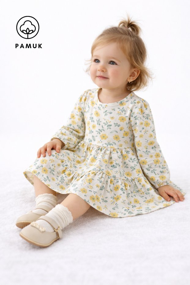 Baby Girl Single Jersey Lycra Dress - Patterned Casual Seasonal Baby Dress