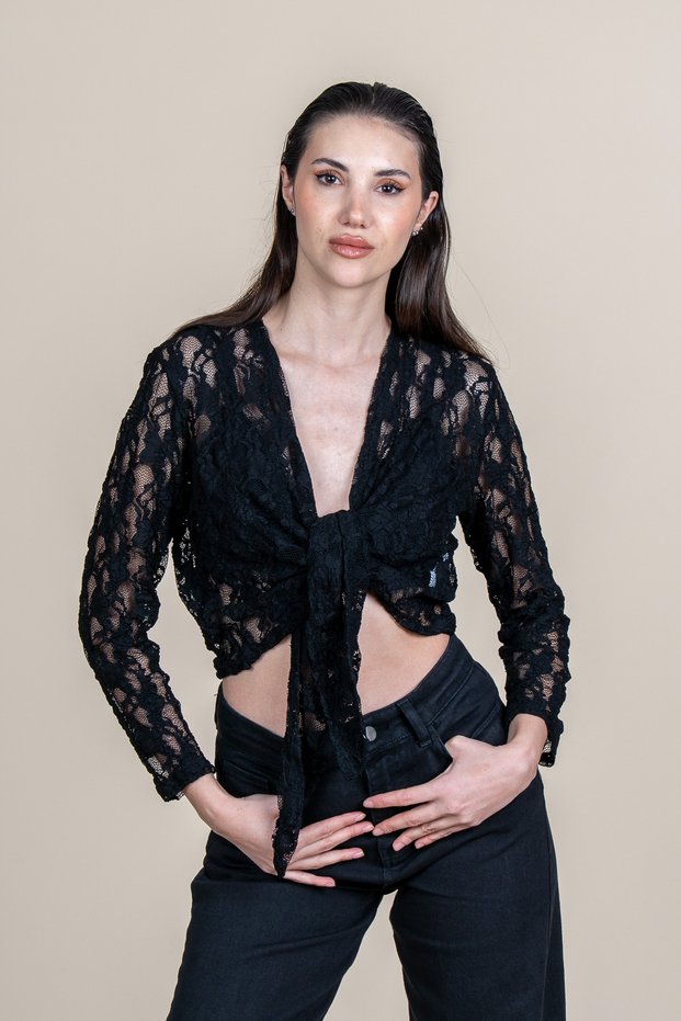 Women's Summer Black Tulle Lace Blouse with Ties Stylish Casual 70068