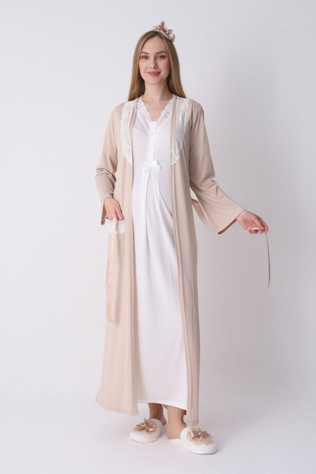 Maternity Nightgown and Dressing Gown Set with Lace Collar and Buttons, Breastfeeding Cotton Viscose Set of 2