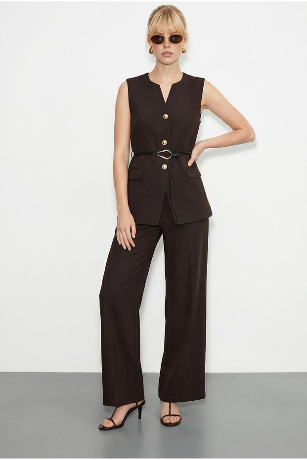 Women's Bitter Brown Belt Detailed Vest and Palazzo Trousers Top and Bottom Set 9396 60286072