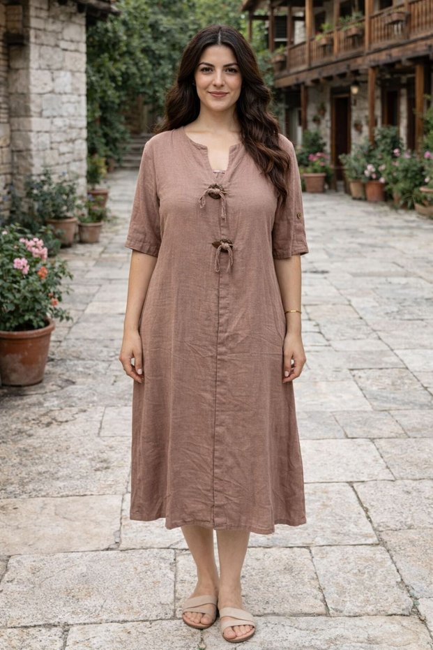 Women's Cotton Double Pocket Wooden Button Detailed Short Sleeve Dress