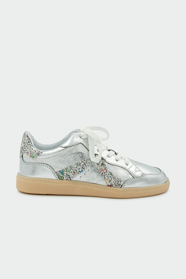 April Işıltılı Genuine Leather Silver Women's Flat Sports Shoes