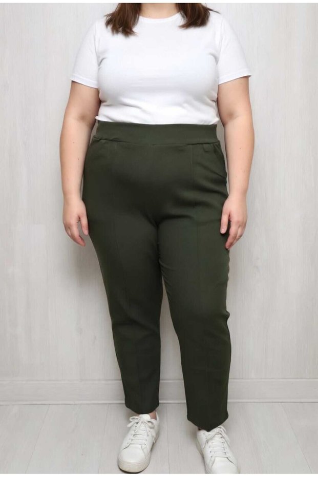 Women's High Waist Plus Size Pocketed Standard Green Color Steel Fabric Cropped Trousers