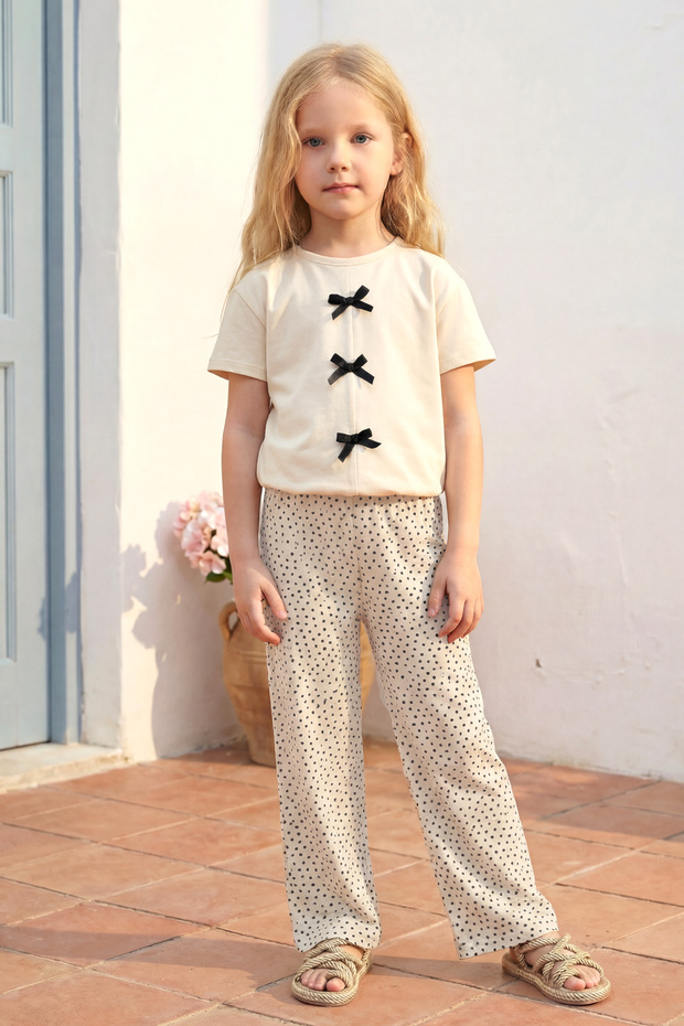 Girl's Top and Bottom Set Summer Bow Detailed Polka Dot Cream