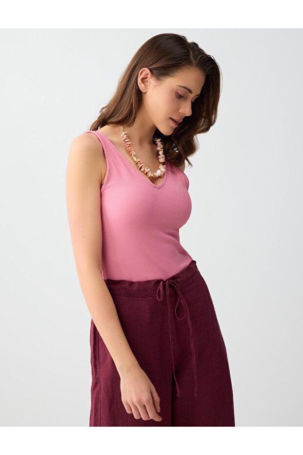 Pembe Dar Kesim V Yaka Basic Örme Atlet - 3