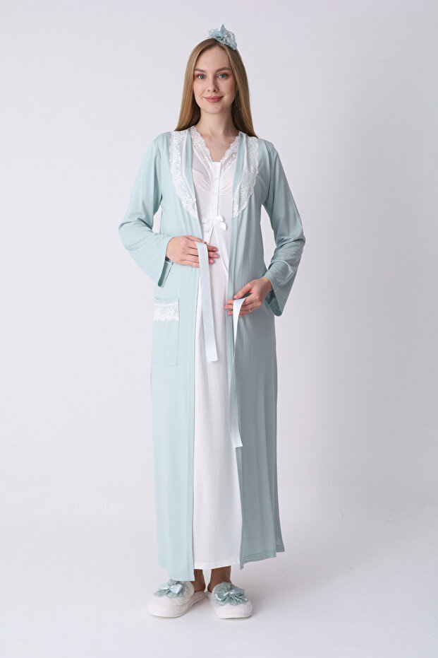 Maternity Nightgown and Dressing Gown Set with Lace Collar and Buttons, Breastfeeding Cotton Viscose Set of 2