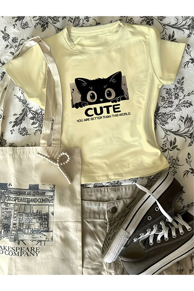 Kemer Boy Sweet Cute Cat Crop Blouse