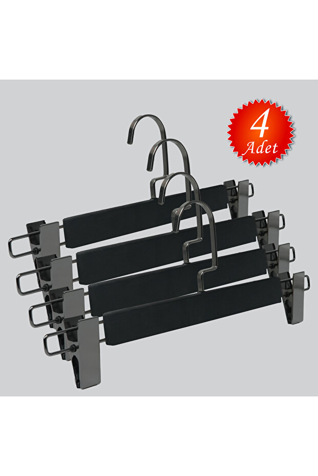 Wooden (Black Nickel Hook) Hangers for Pants, Skirts, Black Color, 4 Pieces