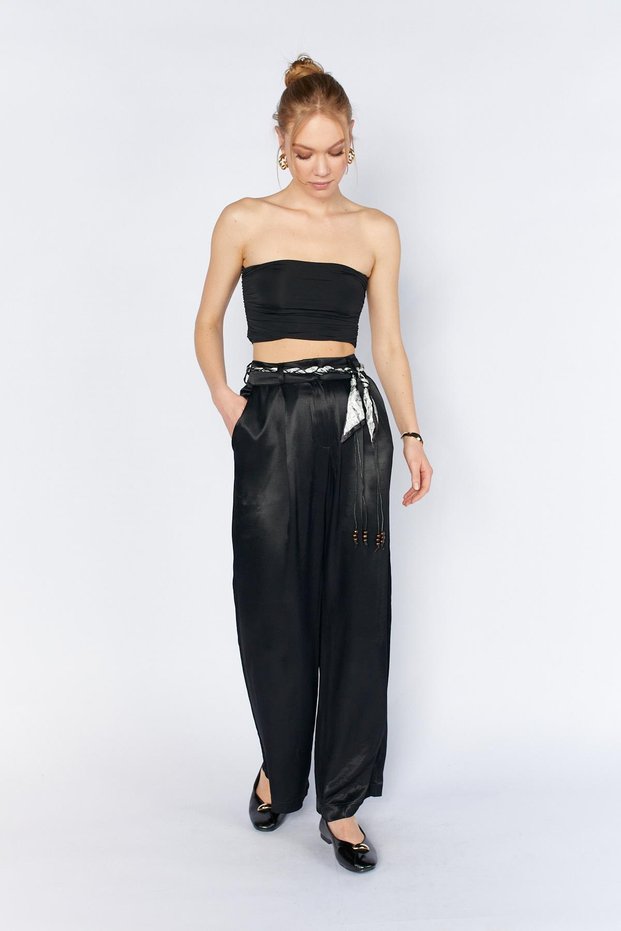 Women's Black Waist Scarf Belted Flowing Satin Wide Leg Pants