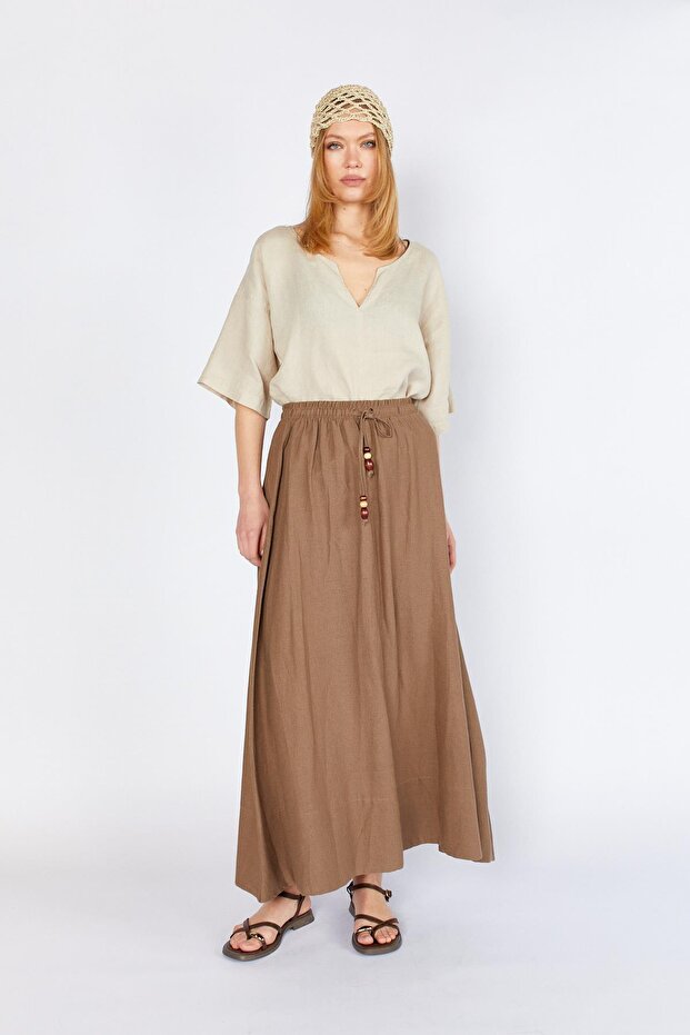 Women's Brown Skirt Thick Stitched Elastic Waist Skirt