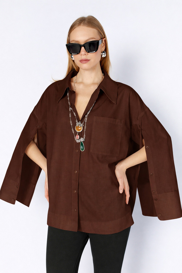 Oversized Poplin Shirt with Sleeve Detail | Mks1610113-1 - Coffee