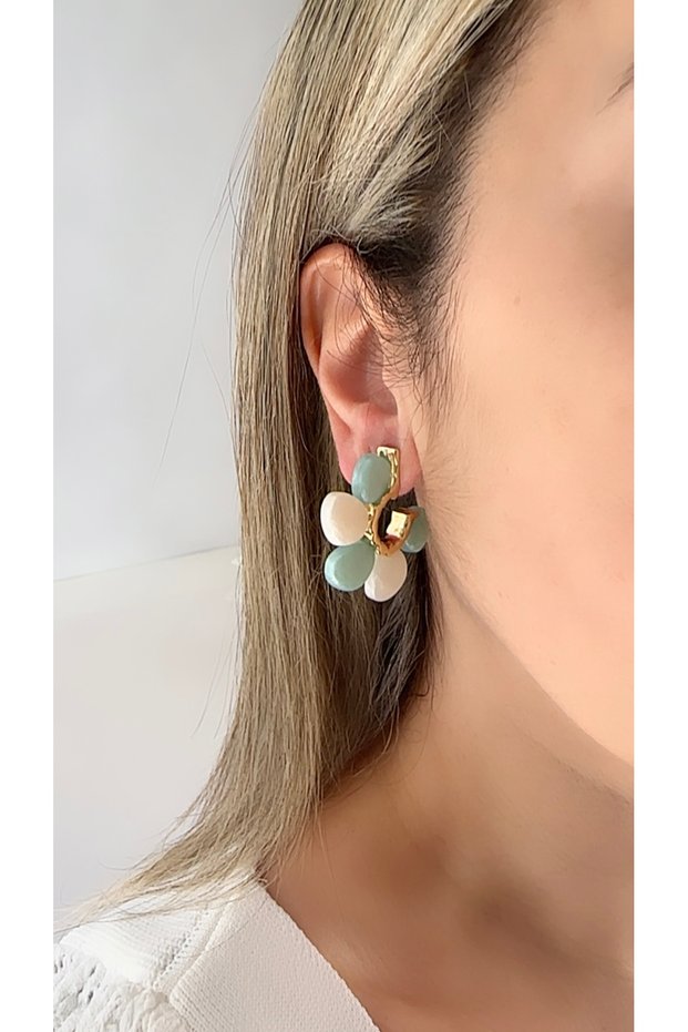 Vip Steel Color Stone Detailed Flower Hoop Earrings Green White Anti Allergic Women's Earrings