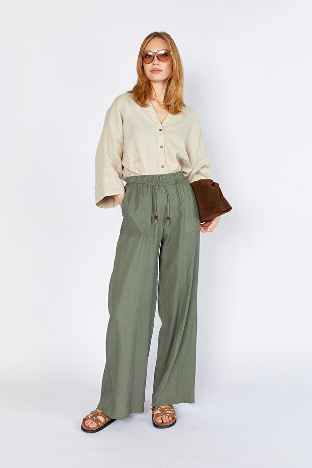 Women's Khaki Wide-Leg Linen Trousers with External Pockets