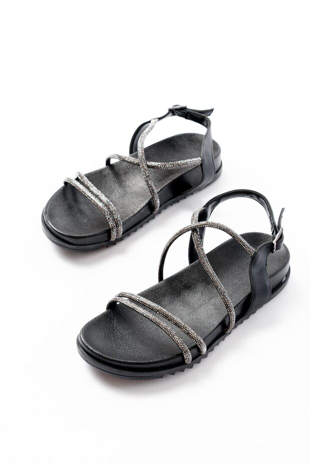 Zri̇n-1001-1105 Premium Black Platinum Stone Daily Women's Sandals