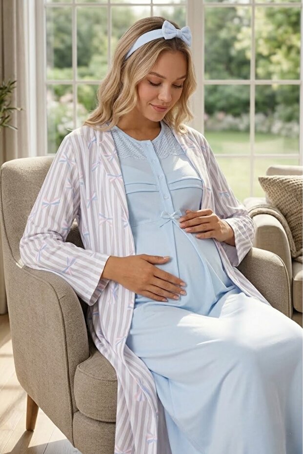 New Season Blue Summer Shawl Collar Full Length Patterned Breastfeeding Feature Short Sleeve Maternity Dressing Gown Nightgown Set