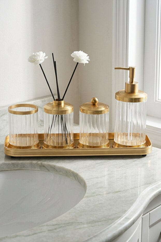 Spiffy Liquid Soap Dispenser with Tray, Scented Stick Room Freshener & Cotton Swab Holder Set