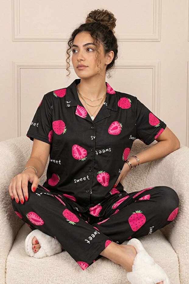 Women's Strawberry Patterned Shirt Collar Short Sleeve Long Cool Milan Fabric Pajama Set