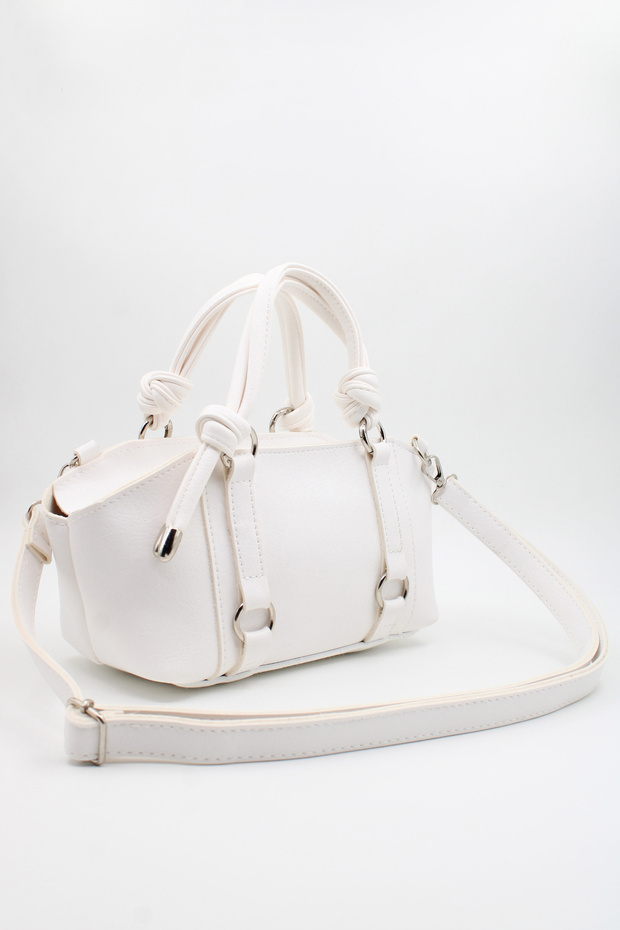 Women's White Knot Handle Bag with Ring Detail, Internal Pocket and Zipper Closure for Hand, Arm and Shoulder Use