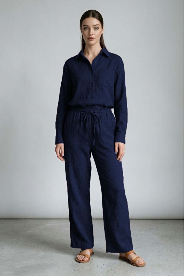 Navy Blue Long Sleeve 100% Cotton Muslim Shirt Set Sh365