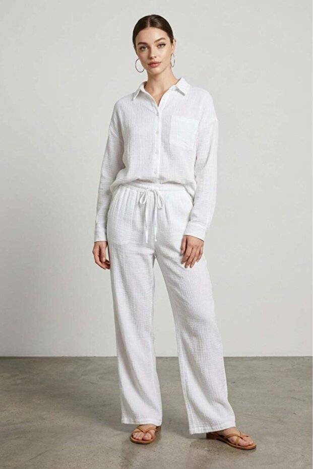 White Long Sleeve 100% Cotton Muslim Shirt Set Sh365